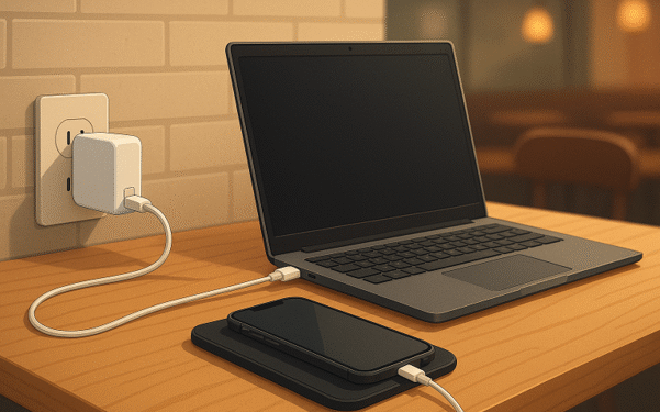 Working from Cafés Made Easy with a Portable USB-C Charger and Wireless Charging Mat